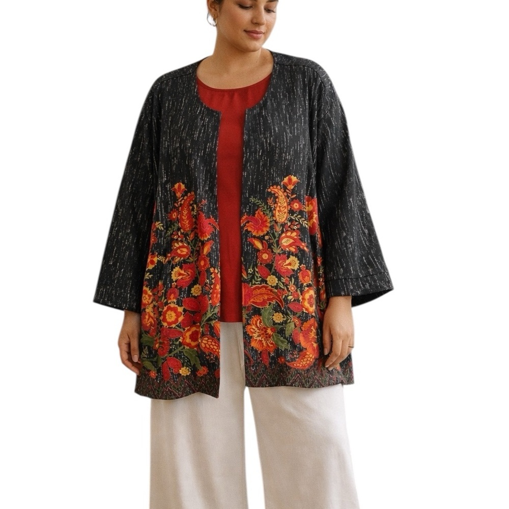 Ali Miles Floral Jacket Womens 2X Artsy Pockets Colorful Lagenlook Blazer Chic